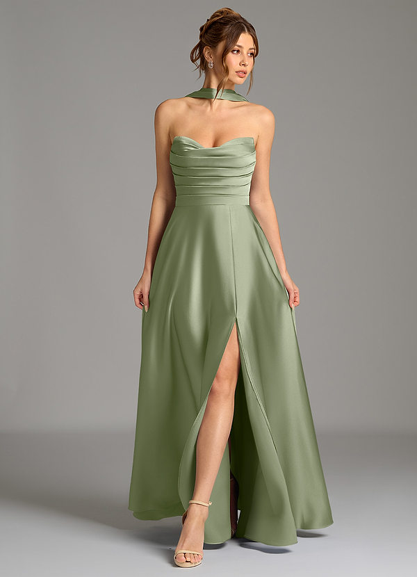 Azazie Ayla Vestidos de dama de honor Vestido Pistacho de Satén Elástico de Línea A con Corsé image1