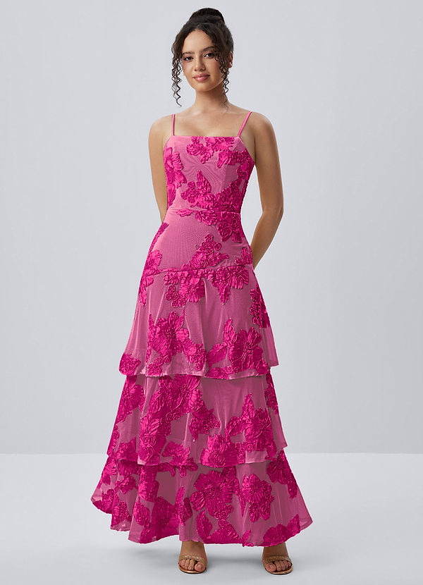 Araceli Fuchsia Stretch maxi-jurk met 3D-bloemen en kant image1