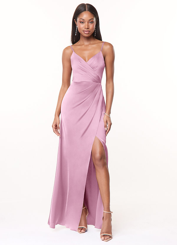 Azazie Maci Bridesmaid Dresses Candy Pink A-Line V-Neck Pleated Stretch Satin Dress image1