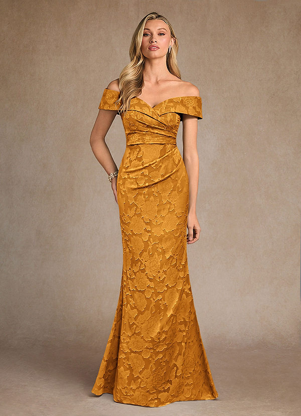 Azazie Canton Mother of the Brides Dresses Butterscotch Mermaid Off the Shoulder Floral Burnout Dress image1