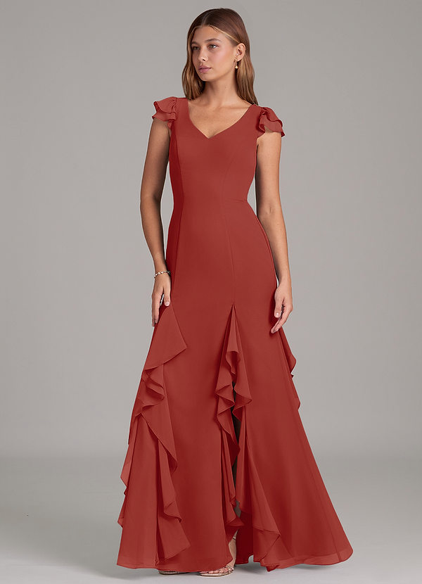 Azazie Nessa Robes Demoiselle d'honneur Robe Trapèze en Mousseline de soie Terracotta image1