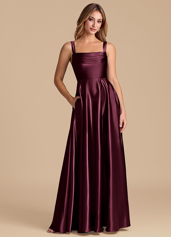 Azazie Shaude Vestidos Dama de Honor Vestido de Cabernet de Satén Metálico de Corte en A con Plisado image1