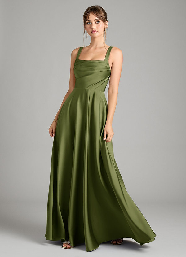 Azazie Shaude Bridesmaid Dresses Olive A-Line Pleated Stretch Satin Dress image1