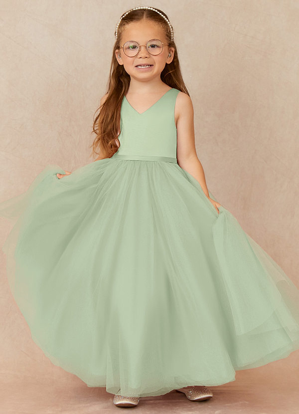 Azazie Marybell Flower Girl Dresses Dusty Sage A-Line Bow Tulle Dress image1