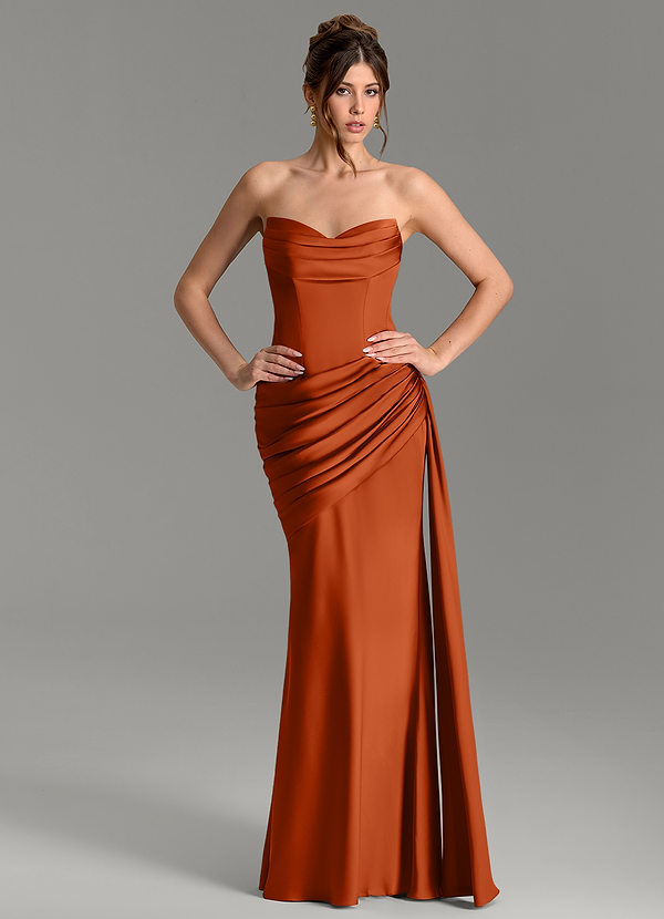 Azazie Zorah Robes de demoiselle d'honneur Robe Sirène Convertible en Satin extensible Corset Orange Brûlée image1