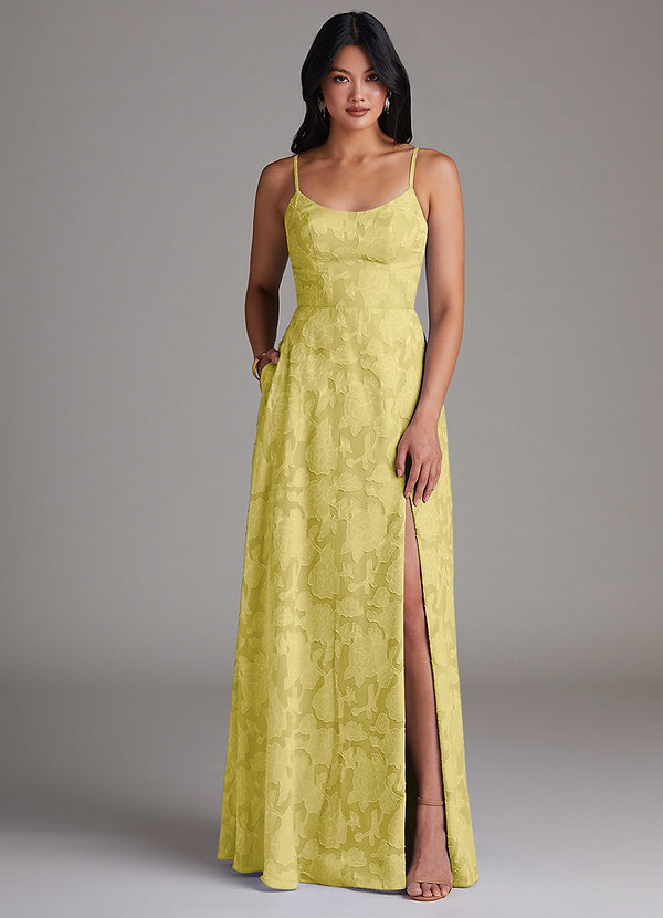 Azazie Moira Bruidsmeisjes Jurken Jurk van Bloemen Burn-out met A-Lijn Zijsplit Kanarie image1