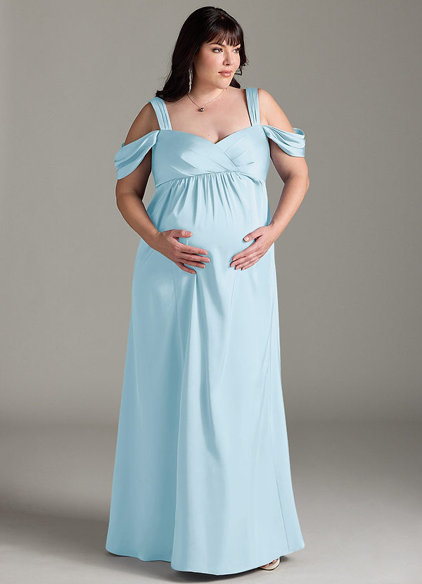 Azazie Rhea Robe demoiselle d'honneur enceinte Robe Trapèze Épaule nue plissée Longueur ras du sol Satin extensible image1