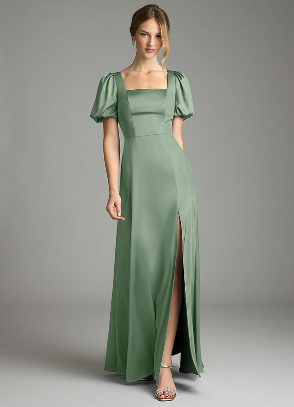 Azazie Fyona Bridesmaid Dresses Matcha A-Line Pleated Stretch Satin Dress image1