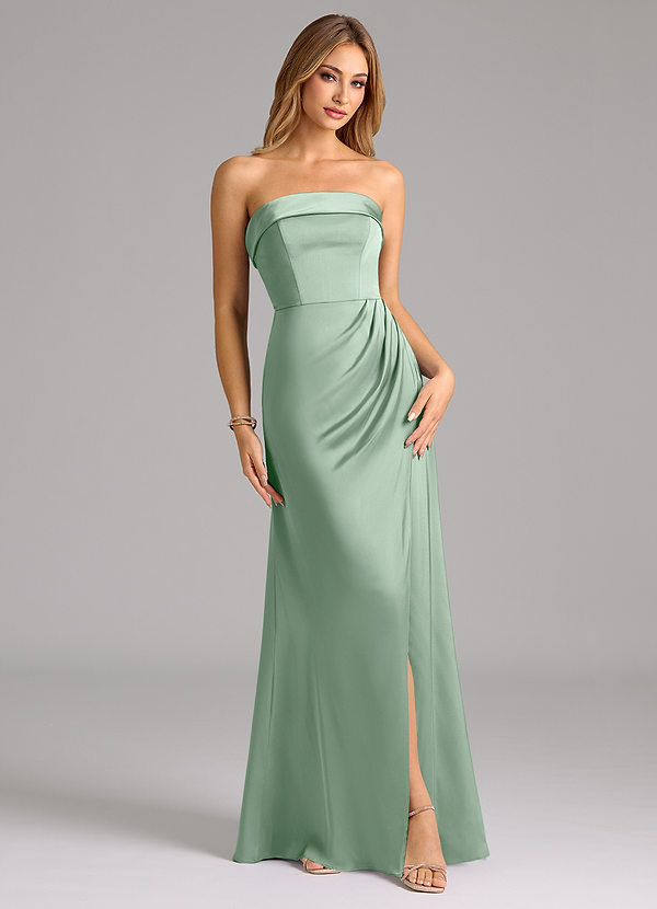 Azazie Aretha 신부 들러리 드레스 A라인 스트랩리스 스트레치 새틴 바닥 길이 드레스 image1