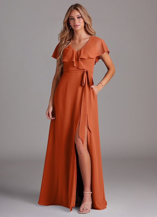 Azazie Lainey Bridesmaid Dresses Burnt Orange A-Line with Pockets Chiffon Dress image1