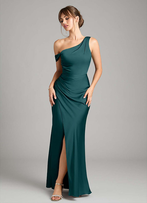 Azazie Madelyn Bridesmaid Dresses Pine Mermaid One Shoulder Stretch Satin Convertible Dress image1