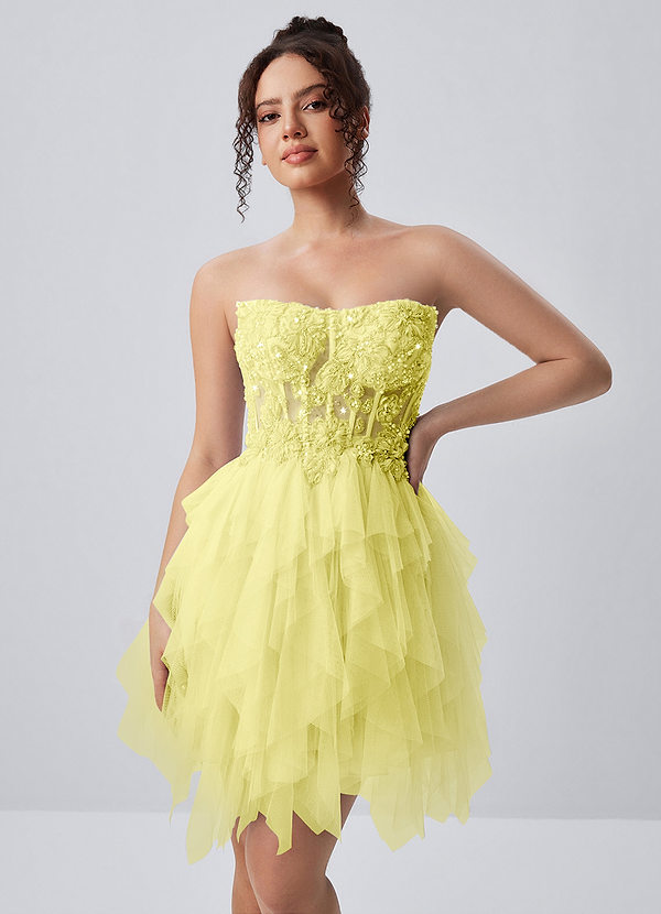 Madeline Yellow Strapless 3D Floral Tulle Lace-Up Mini Dress image1