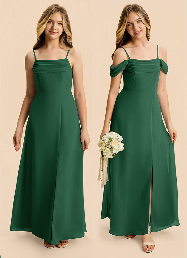 Azazie Lilly Junior Dark Green A-Line Pleated Chiffon Dress image1