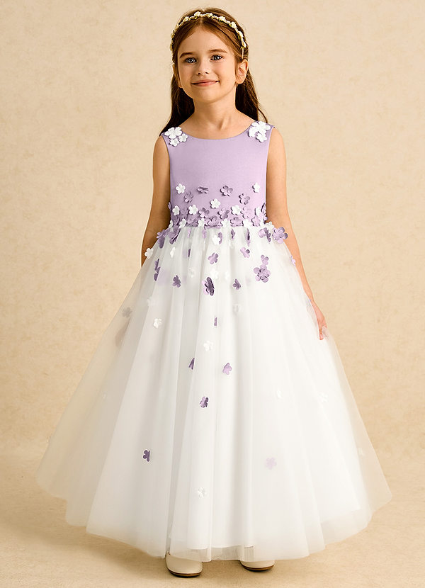 Azazie Eleni Flower Girl Dresses Ivory Frosted Lilac Ball-Gown Bow Tulle Dress image1