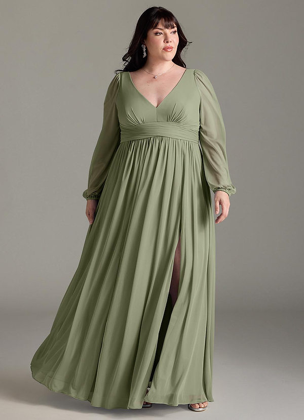 Azazie Norah Bridesmaid Dresses Pistachio A-Line V-Neck Long Sleeve Chiffon Dress image1