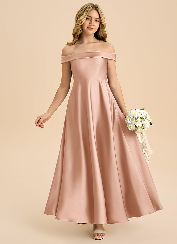 Azazie Sissy Junior Abito A-Line in Raso Elasticizzato a Spalla Scoperta Oro Rosa image1