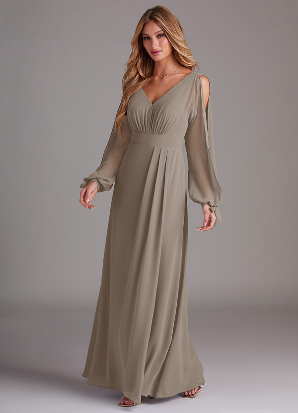 Azazie Matilda Bridesmaid Dresses Taupe A-Line Long Sleeve Chiffon Dress image1