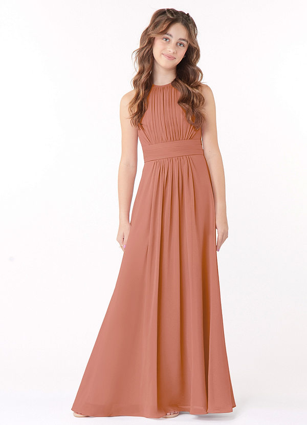 Azazie Bonnie Junior MAI TAI A-Line Pleated Chiffon Dress image1