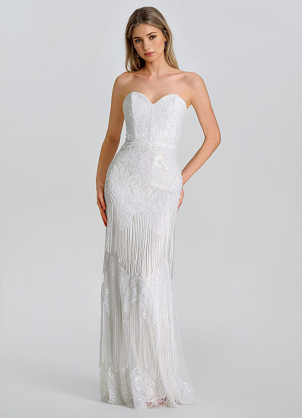 Winona Bianca Abito lungo a sirena senza spalline con frange e perline. front