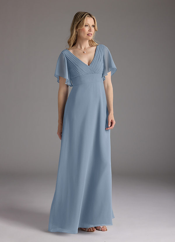 Azazie Alessa Robe Mère de la Mariée & du Marié Robe Trapèze en Mousseline de soie Col V plissé Bleu Poussiéreux image1