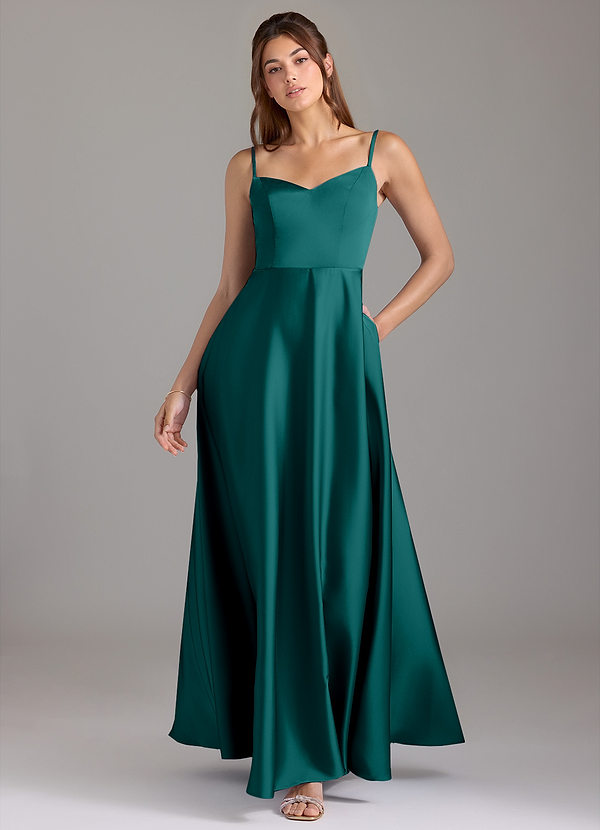 Azazie Marley Bridesmaid Dresses Peacock A-Line Off the Shoulder Stretch Satin Convertible Dress image1