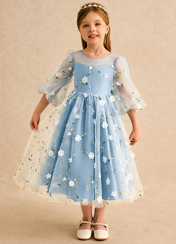 Azazie Elowen Vestidos de arras Vestido Azul Acero de Encaje de Línea A con Escote corazón image1
