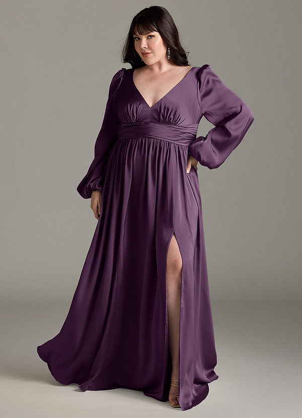Azazie Norah Robes Demoiselle d'honneur Robe Trapèze en Satin extensible Prune image1