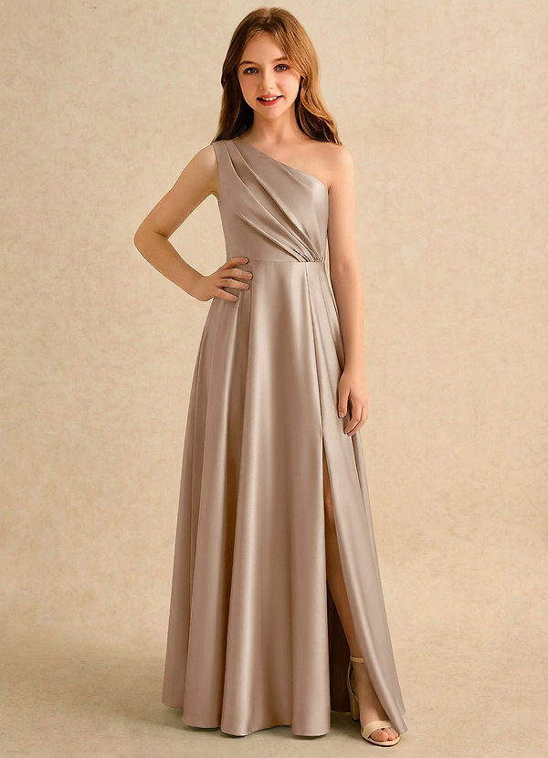 Azazie Puddles Girls Formal Abiti da Ragazza di Fiori Abito A-Line in Raso Elasticizzato Monospalla Taupe image1