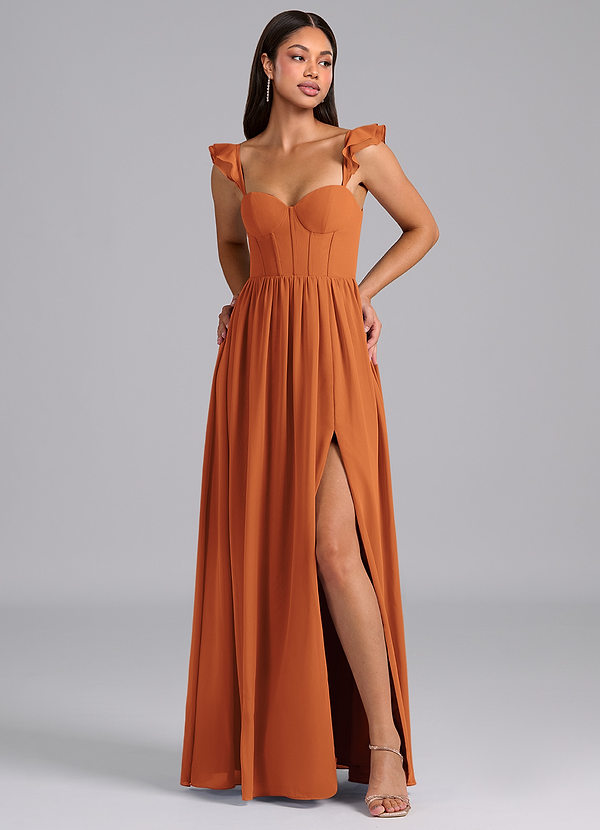 Azazie Denisse Bruidsmeisjes Jurken Jurk van Chiffon met A-Lijn Ruches Kaneel image1