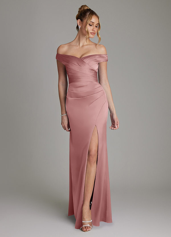 Azazie Teyana Bruidsmeisjes Jurken Jurk van Stretch Satijn met Kolom Off the Shoulder Stoffige Roos image1