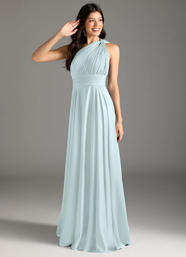 Azazie Charlize Bridesmaid Dresses Sea Glass A-Line One Shoulder Stretch Satin Dress image1