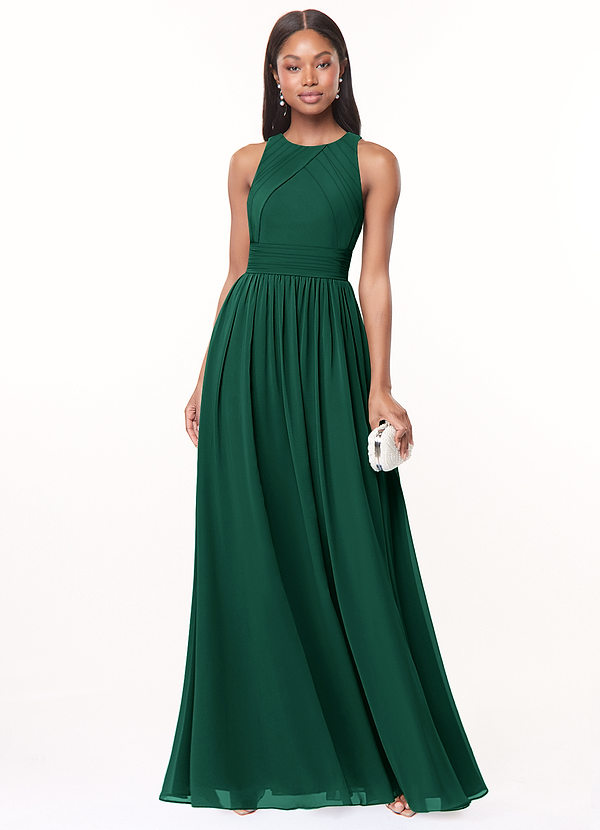 Azazie Harper Bridesmaid Dresses Emerald A-Line Pleated Chiffon Dress image1