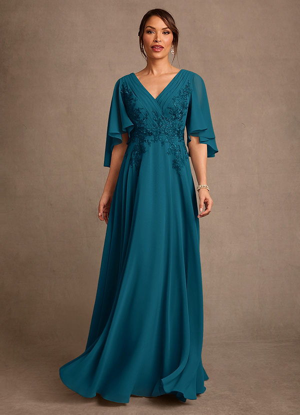 Azazie Tilda Mother of the Bride Dresses Vestido Tinta Azul de Chiffon de Linha A com Renda image1