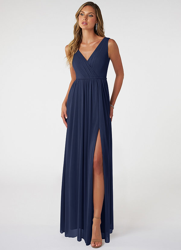 Azazie Tanicia Brautjungfernkleider A-Linie V-Hals Gefaltet Gittergewebe Kleid Dunkelmarine image1