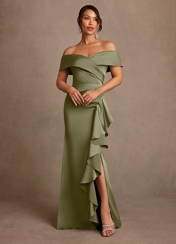 Azazie Kirsty Vestidos de Madre de la Novia Vestido de Pistacho de Satén Elástico de Corte Recto con Vestidos sin tirantes image1