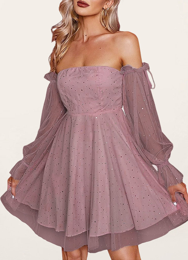 front Sweet Sparkles Mauve Pink Off-The-Shoulder Long Sleeve Midi Dress
