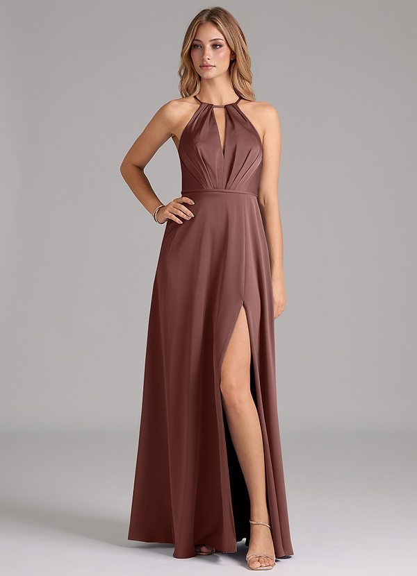 Azazie Evalleen Brautjungfernkleider A-Linie Plissee Stretch-Satin Kleid Espresso image1