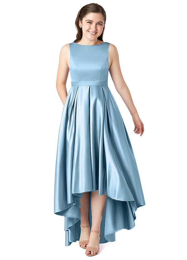 Azazie Inaya Junior Steel Blue A-Line with Belt Stretch Satin Dress image1