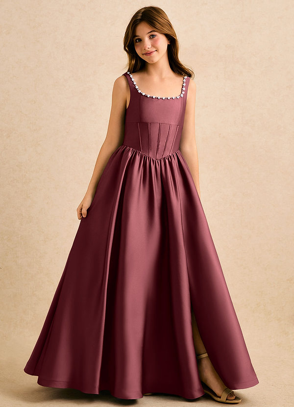 Azazie Enid Girls Formal Flower Girl Dresses Merlot A-Line Beaded Stretch Satin Dress image1