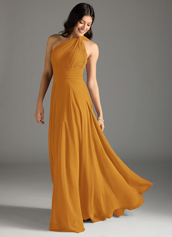 Azazie Charlize Bridesmaid Dresses Butterscotch A-Line One Shoulder Chiffon Dress image1