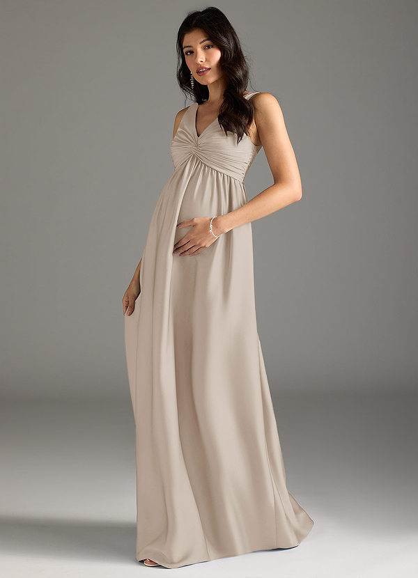 Azazie Yetta Maternity Bridesmaid Dresses A-Line Pleated Stretch Satin Floor-Length Dress image1