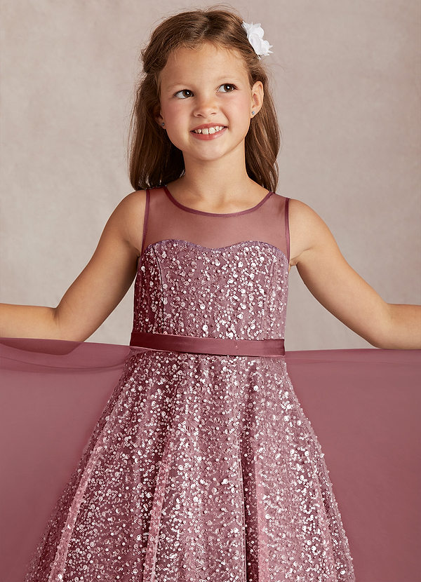 Azazie Siwa Robes de Fillette d'Honneur Robe Trapèze en Tulle Perlé Rose Du Désert image1