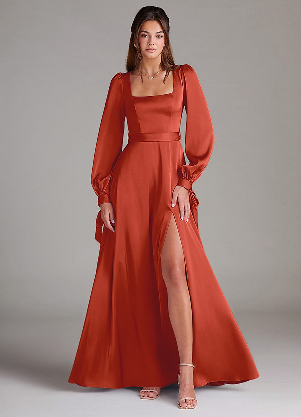 Azazie Leonia Bridesmaid Dresses Rust A-Line Long Sleeve Stretch Satin Dress image1