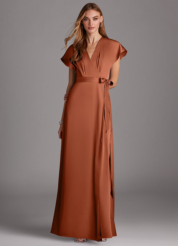 Azazie Nico Bridesmaid Dresses Cedar Rose A-Line V-Neck Stretch Satin Dress image1