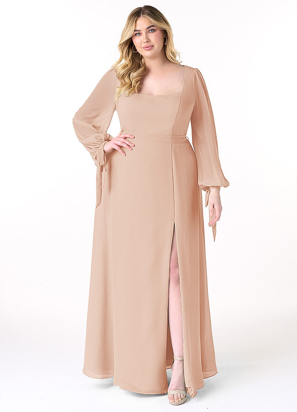 Azazie Leonia Bridesmaid Dresses English Rose A-Line Long Sleeve Chiffon Dress image1