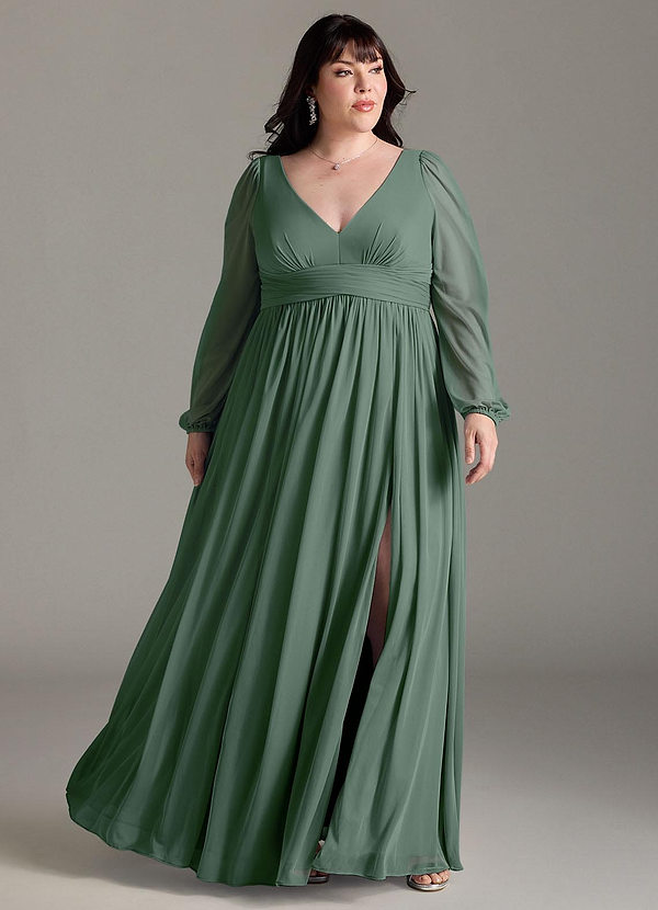 Azazie Norah Bridesmaid Dresses Eucalyptus A-Line V-Neck Long Sleeve Chiffon Dress image1