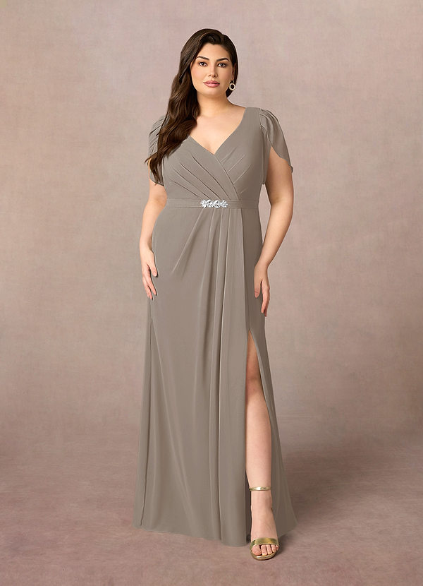 Azazie Marianne Mother of the Brides Dresses Taupe Sheath V-Neck Pleated Chiffon Dress image1