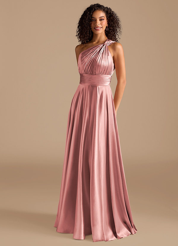 Azazie Charlize Abiti da Damigella Abito A-Line in Raso Metallizzato Monospalla Rosa Polverosa image1