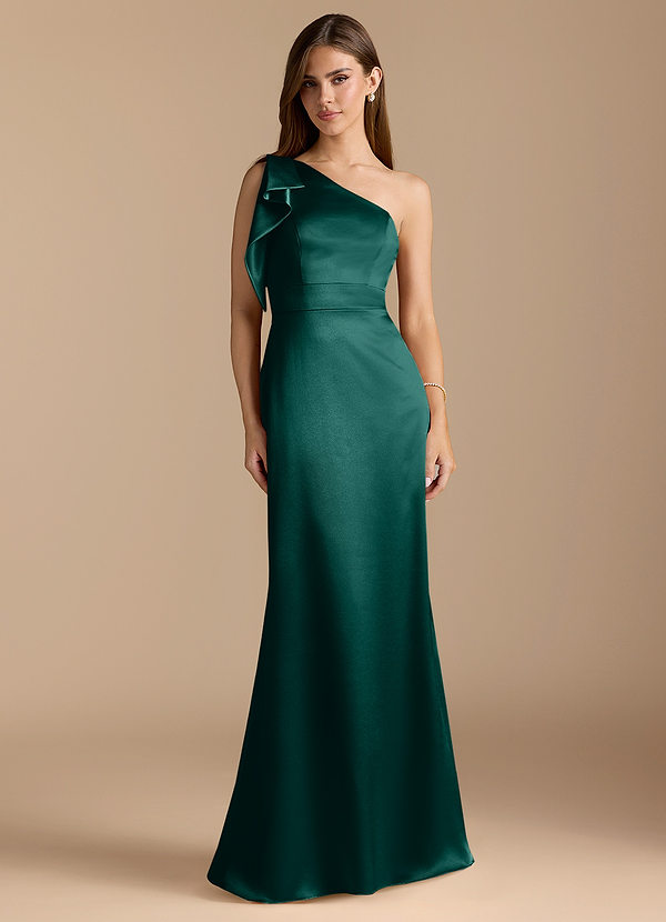 Azazie Rinna Bridesmaid Dresses Pine Mermaid Ruched Metallic Satin Dress image1