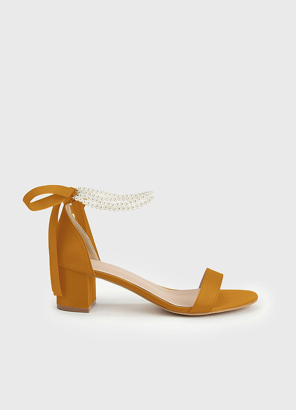 front Matching Color Matte Satin Pearl and Bow Open Toe Chunky Heel Sandals